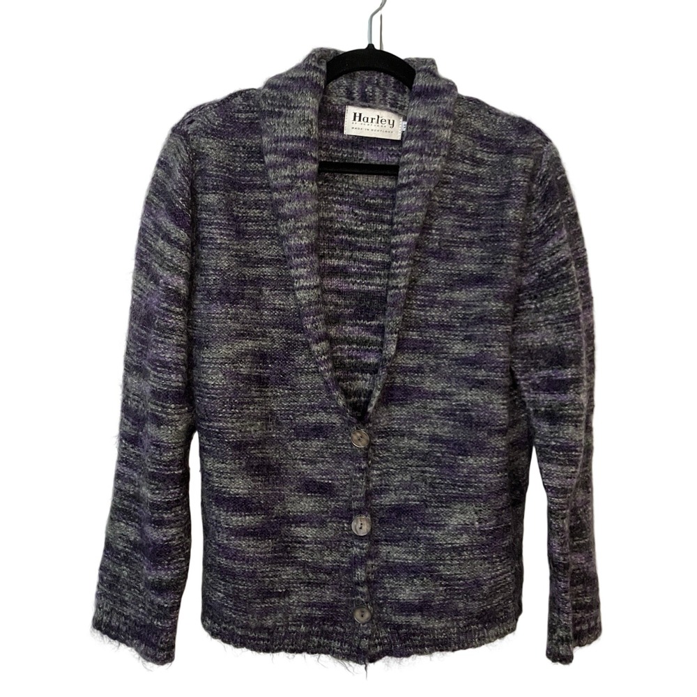 Harley of Scotland Mohair Merino Wool Shawl Cardigan Purple Grey Womens Medium